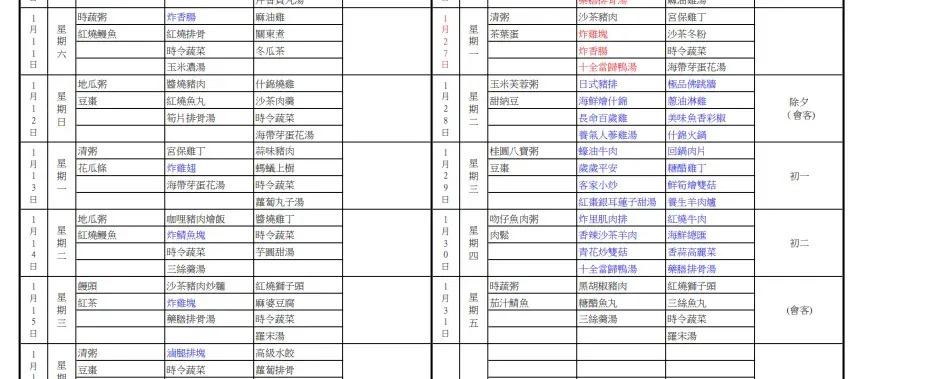 北所公布的菜單。 圖：翻攝北所網站