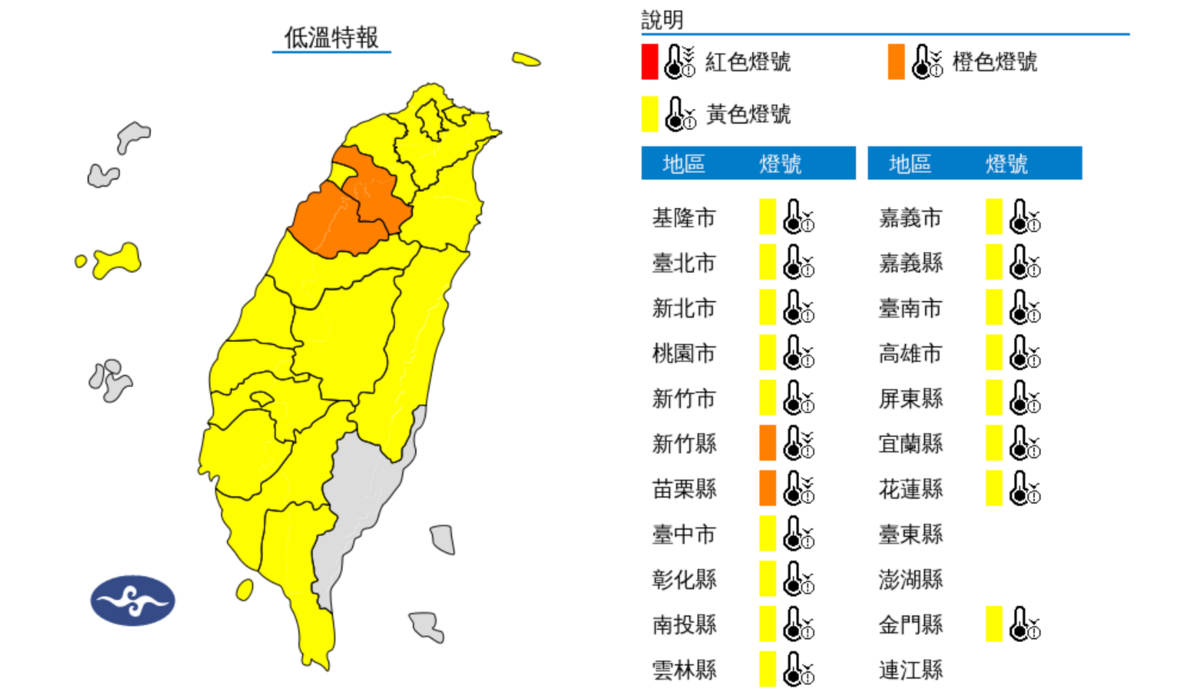中央氣象署對19縣市發布低溫特報，今(12)日晚至明(13)日清晨強烈大陸冷氣團及輻射冷卻影響，各地氣溫明顯偏低，有10度以下氣溫發生的機率。 圖：翻攝自中央氣象署官網