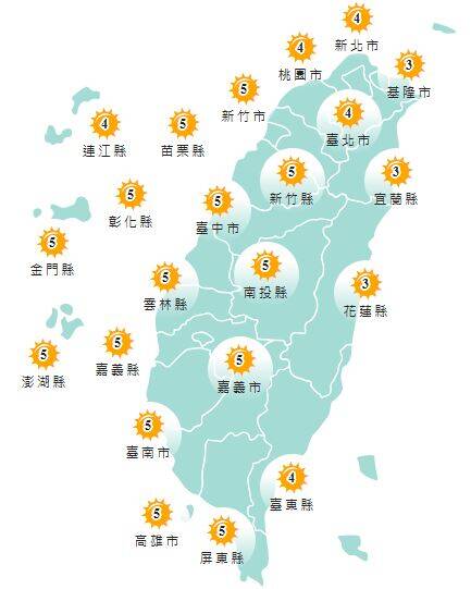 氣象署發布各地紫外線指數預報概況。 圖：氣象署提供