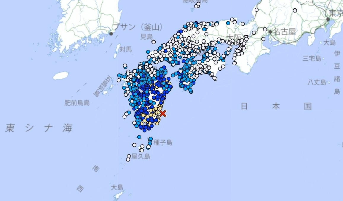 日本九州宮崎縣日向灘13日晚間發生規模6.6地震。 圖：日本氣象廳