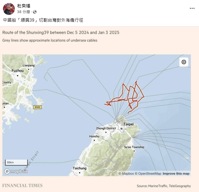 台灣海底電纜疑似遭中國權宜輪切斷，外媒繪出離譜航行軌跡。 圖擷自杜奕瑾臉書