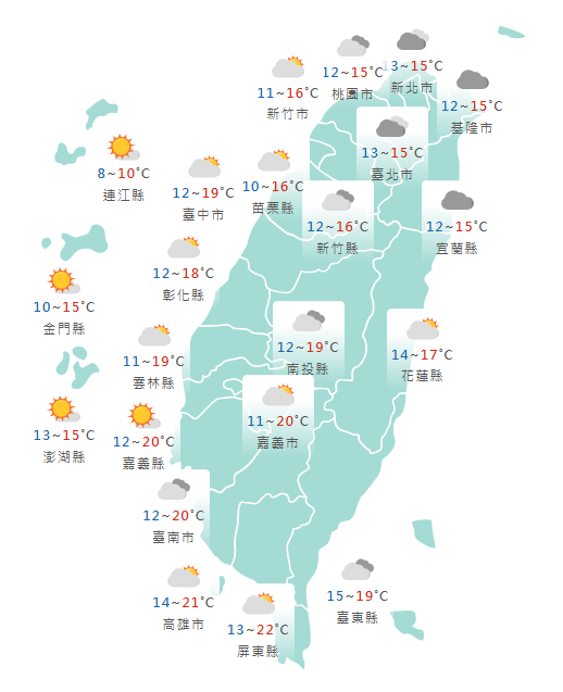 氣象署公布各地天氣預報概況。圖：氣象署提供 圖：氣象署提供