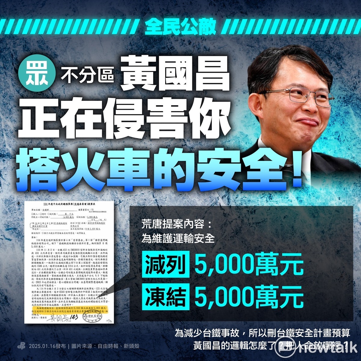 民進黨製作圖卡指控民眾黨立委黃國昌提案把「台鐵軌道結構安全提升計畫」刪減5000萬、凍結5000萬，侵害民眾搭火車的安全。 圖：翻攝民進黨臉書