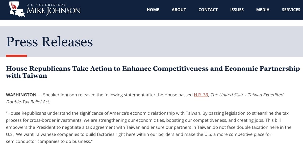 美眾院議長Mike Johnson發表聲明表示，此法案將有助強化雙邊經濟連結，增強美國競爭力並創造就業。 圖：翻攝美國眾議院官網