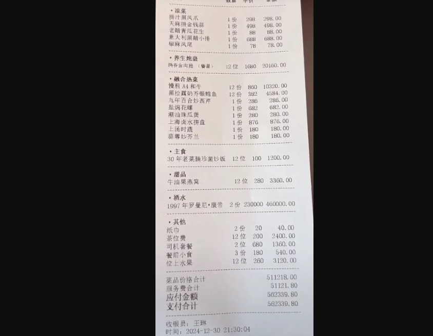 有中國網路作家指出，這張收據中有多達 46 萬人民幣是高昂的酒水費用，認為該餐廳是面向特定客群的高檔餐廳，「不能代表所有韓國遊客」。 圖：翻攝自 鯰魚影劇評