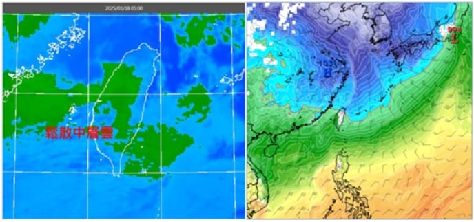 左圖：今(18日)晨5時紅外線色調強化雲圖顯示，鬆散的中層雲由南方移入。右圖：最新(17日20時)歐洲模式(ECMWF)，27日20時850百帕溫度及風場模擬圖顯示，零度(紅)線在北部陸地。 圖/取自 氣象應用推廣基金會