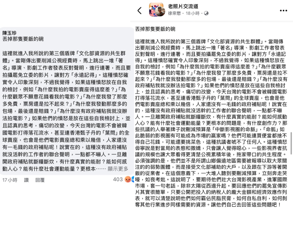 陳玉珍的回覆遭網友挖出，抄襲自「徐宗懋圖文館」老闆的臉書社團評論。 圖：翻攝自臉書（新頭殼合成）