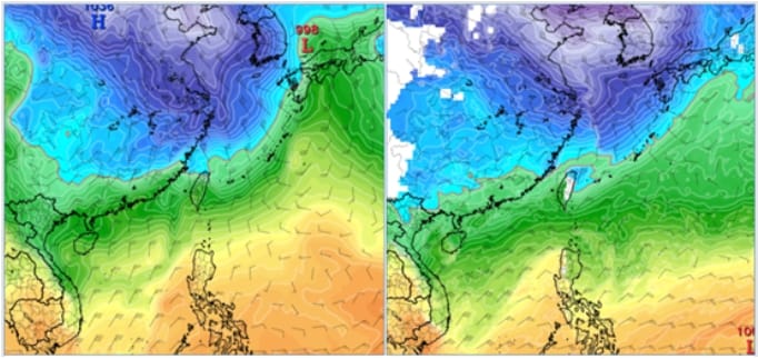 左圖：最新(18日20時)歐洲模式(ECMWF)，27日20時850百帕溫度及風場模擬圖顯示，零度(紅)線在北部陸地。右圖：最新(18日20時)美國模式(GFS)，27日8時850百帕溫度及風場模擬圖顯示，零度(紅)線已觸及花蓮以北，比歐洲模式早。 圖/取自「氣象應用推廣基金會」