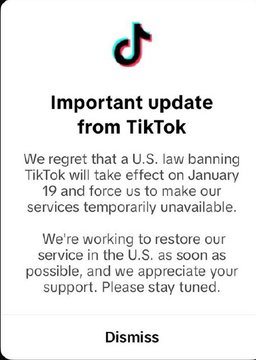 在禁令將生效前， TikTok 向所有用戶發布通知，宣布即將停止服務，並感謝所有的美國用戶。 圖：翻攝自 @whyyoutouzhele X 帳號