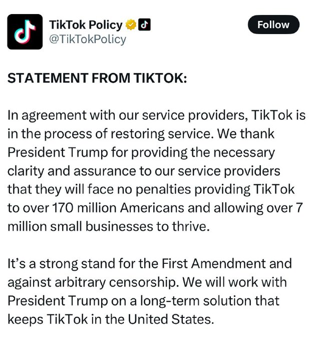 在川普宣布提供協助後， TikTok 發布聲明稱，該公司即將恢復在美國的業務。 圖：翻攝自 @whyyoutouzhele X 帳號