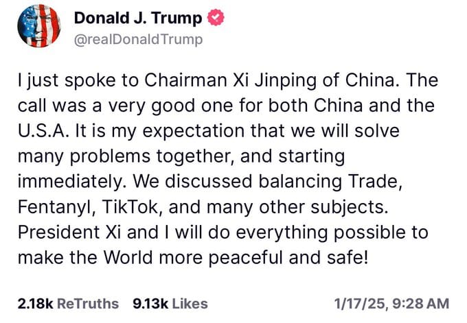 川普在 Truth Social 宣布，他已經與習近平完成通話，並針對貿易平衡、芬太尼以及 TikTok 等相關議題進行討論。 圖：翻攝自 @cskun1989 X 帳號