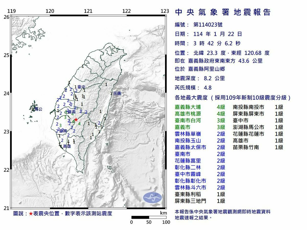 今（22）天凌晨3點42分嘉義縣阿里山鄉發生芮氏規模4.8地震。 圖：氣象署提供
