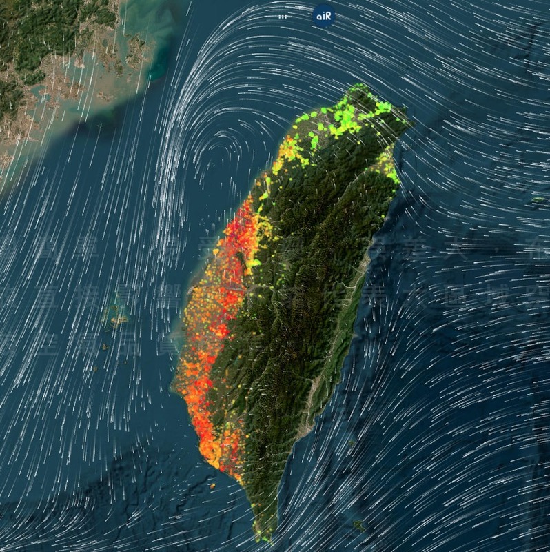鄭明典今日曬出空氣汙染物分布圖，顯示台中以南區域空氣品質指標呈現一片深紅色。 圖：翻攝自鄭明典臉書
