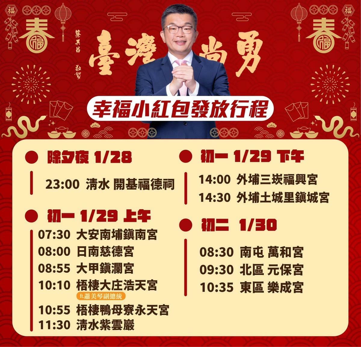 蔡其昌公布親自發送「臺灣尚勇」小紅包時間地點。 圖：蔡其昌服務處/提供