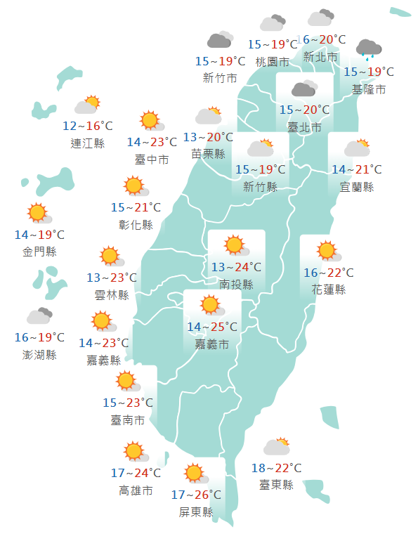 氣象署公布各地天氣預報概況。 圖：氣象署提供