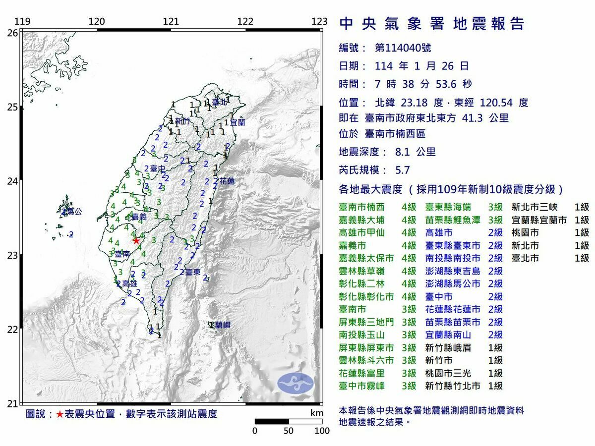 今（26）天上午7點38分台南市楠西區發生芮氏規模5.7地震。 圖：氣象署提供