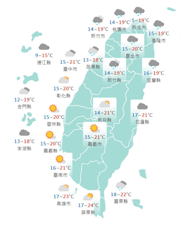 氣象署公布各地天氣預報概況。 圖：氣象署提供