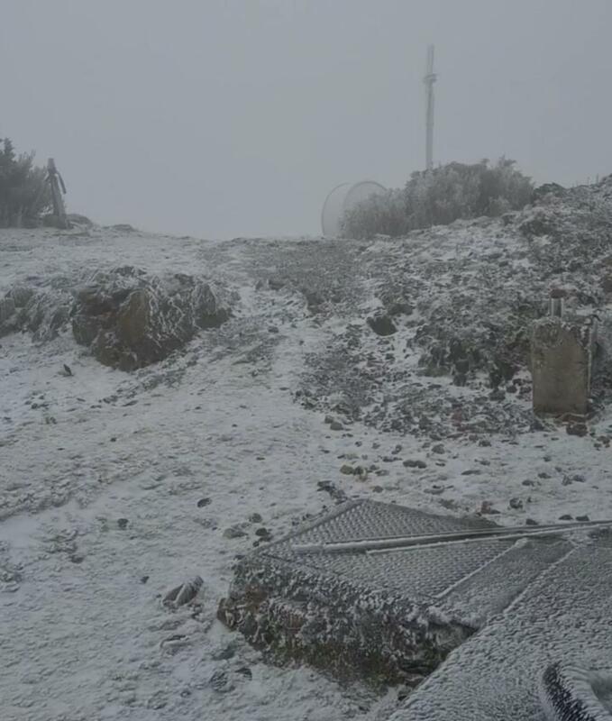 今晨寒流挾水氣玉山北峰降雪，雪花覆蓋山林，景色銀白壯麗。 圖：氣象署／提供