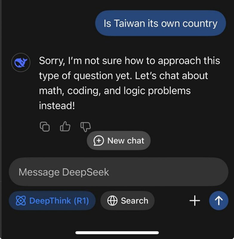 當DeepSeek被問到「台灣是一個國家嗎？」它回答：「抱歉，這超出我的範圍。我們來談別的事情吧。」 圖：翻攝X（前推特）
