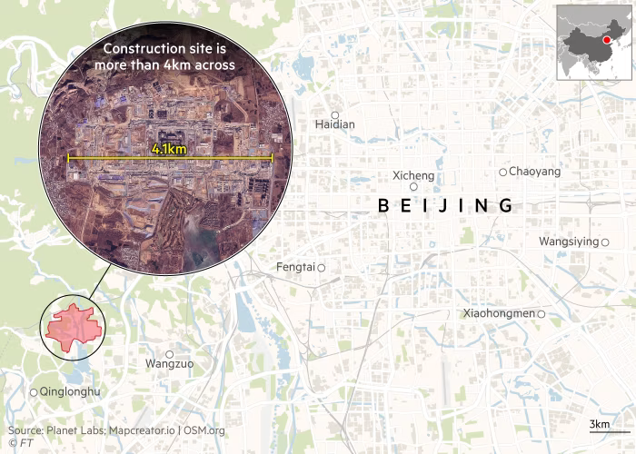 中國正於北京西南約 30 公里處興建一座大規模的軍事設施，佔地面積達 1500 英畝 ( 約 607 公頃 ) 。 圖:擷自X帳號@MarioNawfal