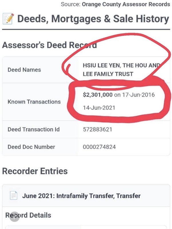 高嘉瑜PO出資料，李彥秀的加州豪宅申請「自住免稅」，變相代表李彥秀自認爲持有綠卡，「李不是跟中華民國台灣政府說謊，就是跟美國政府說謊」。 圖：取自高嘉瑜臉書