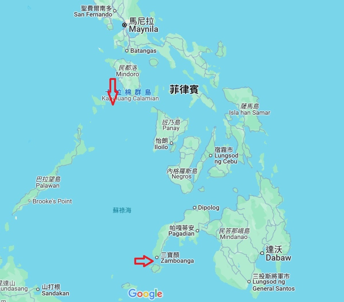 中國解放軍海軍艦艇編隊傳在未通報菲國情況下，以慢速通過菲國內水。上方紅色箭頭位置為民都洛海峽；下方箭頭位置為巴西蘭海峽。 圖：翻攝Google Map/新頭殼後製