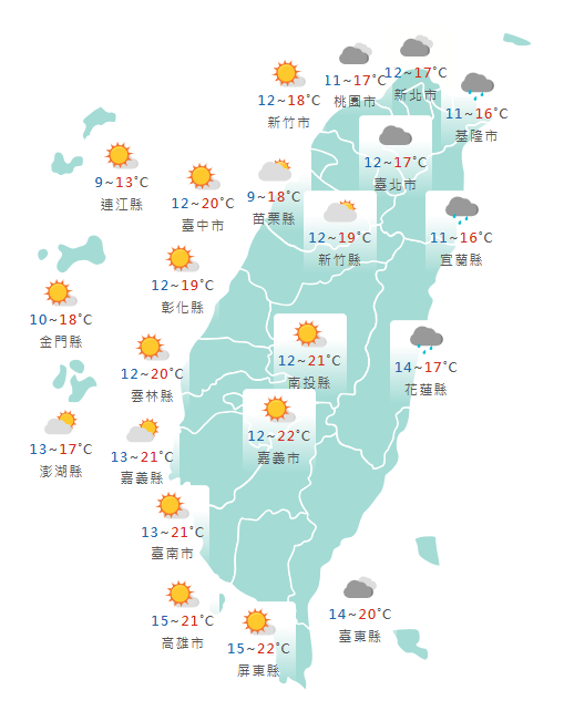 氣象署公布各地天氣預報概況。 圖：氣象署提供