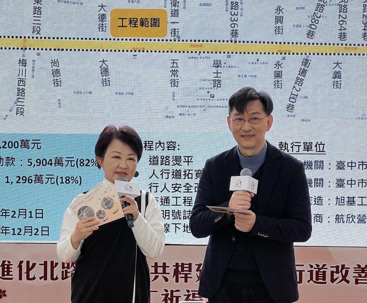 內政部次長董建宏(右)與台中市長盧秀燕(左)共同出席「台中市北區進化北路(中清路至崇德路)道路、共桿建置及人行道改善工程」完工典禮。 圖：內政部提供