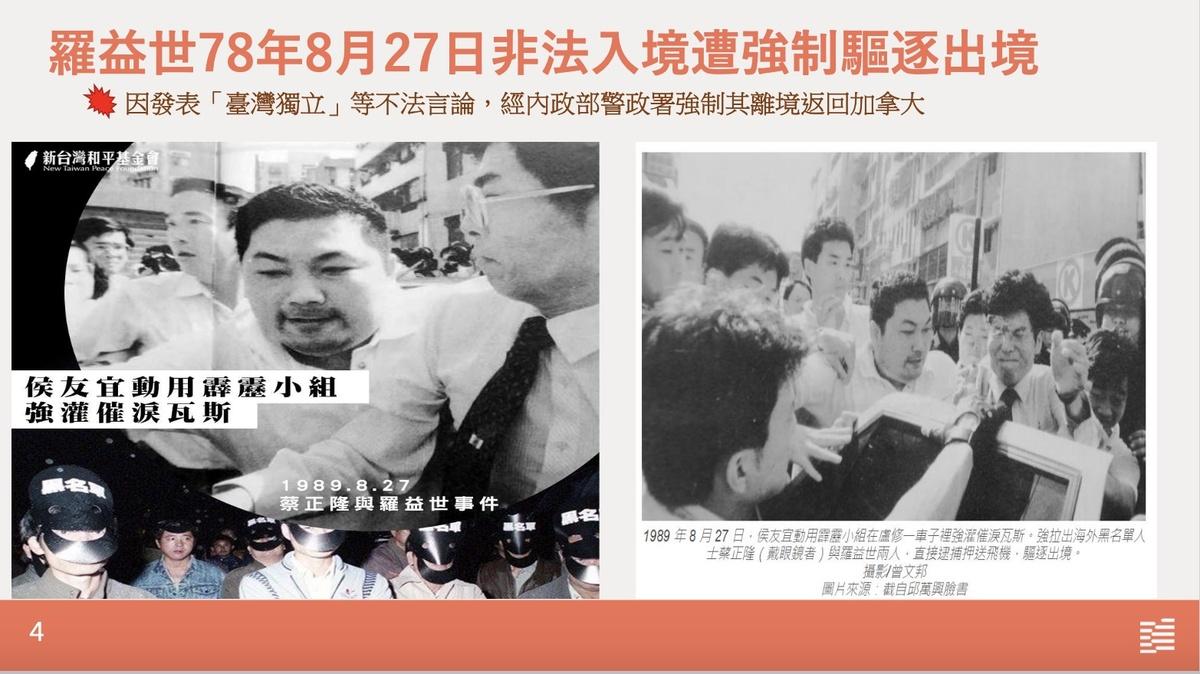 1989年8月27日海外黑名單羅益世、蔡正隆被捕時，時任中山分局刑事組長侯友宜也在現場支援。 圖：翻拍自監察院簡報資料