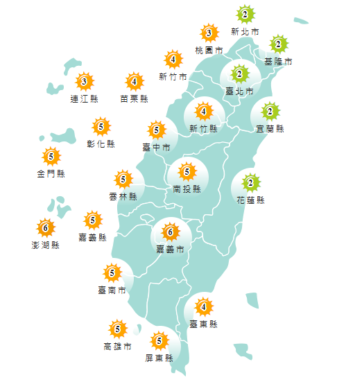 氣象署發布各地紫外線指數預報概況。 圖：氣象署提供