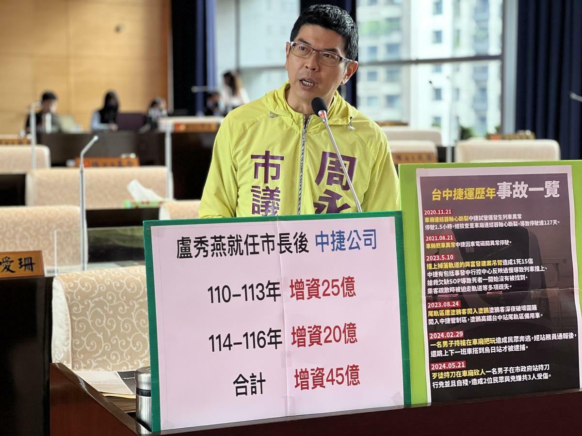 周永鴻問盧秀燕，「明年中市府的總預算是不是要比照藍白委的邏輯比照辦理？」 圖：周永鴻/提供