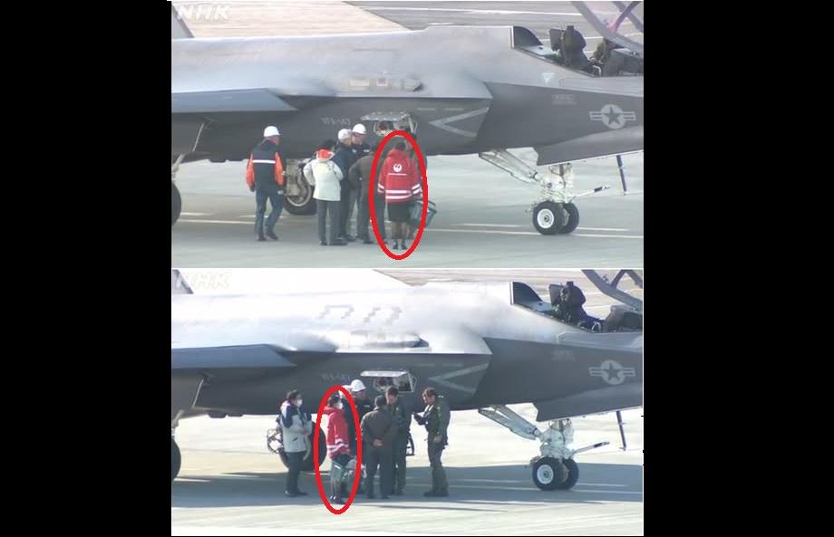兩架美軍 F-35 在當地時間 5 日中午，因「燃油耗盡」緊急降落日本愛媛縣松山機場，並在完成加油後離去。然而，有眼尖網友發現，在飛行員與地勤人員中，竟然混著一位空姐，許多網友也開始猜測空姐接近戰機的原因。 圖：翻攝臉書 // 基地雜談