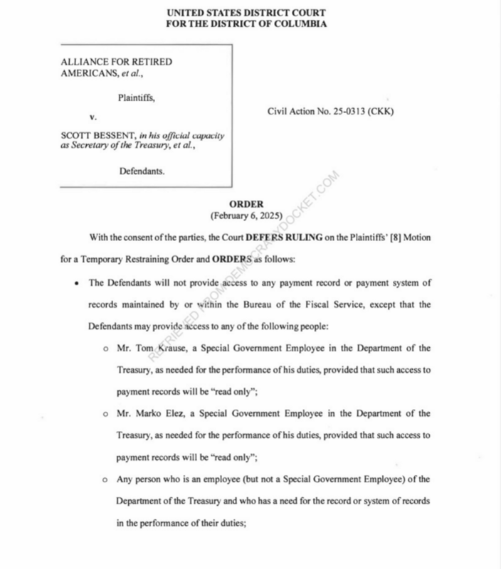 今（7）日華盛頓特區的聯邦法官發布了一項臨時限制令，禁止 DOGE 訪問財政部敏感的系統和記錄。 圖:翻攝自X帳號@rainbow78521