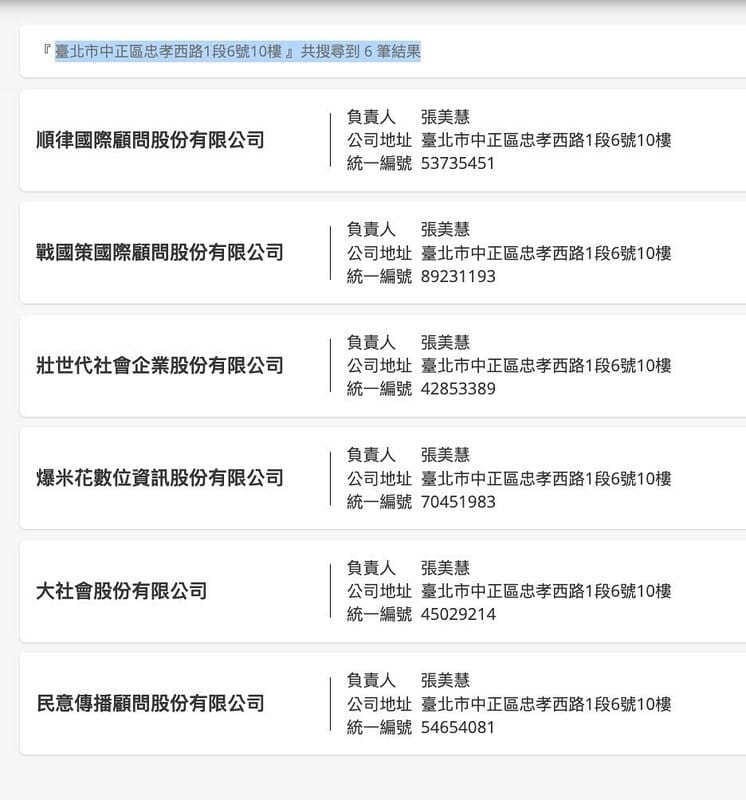 吳春城配偶張美慧擔任6家戰國策相關事業體董事長。 圖：取自王義川Threads