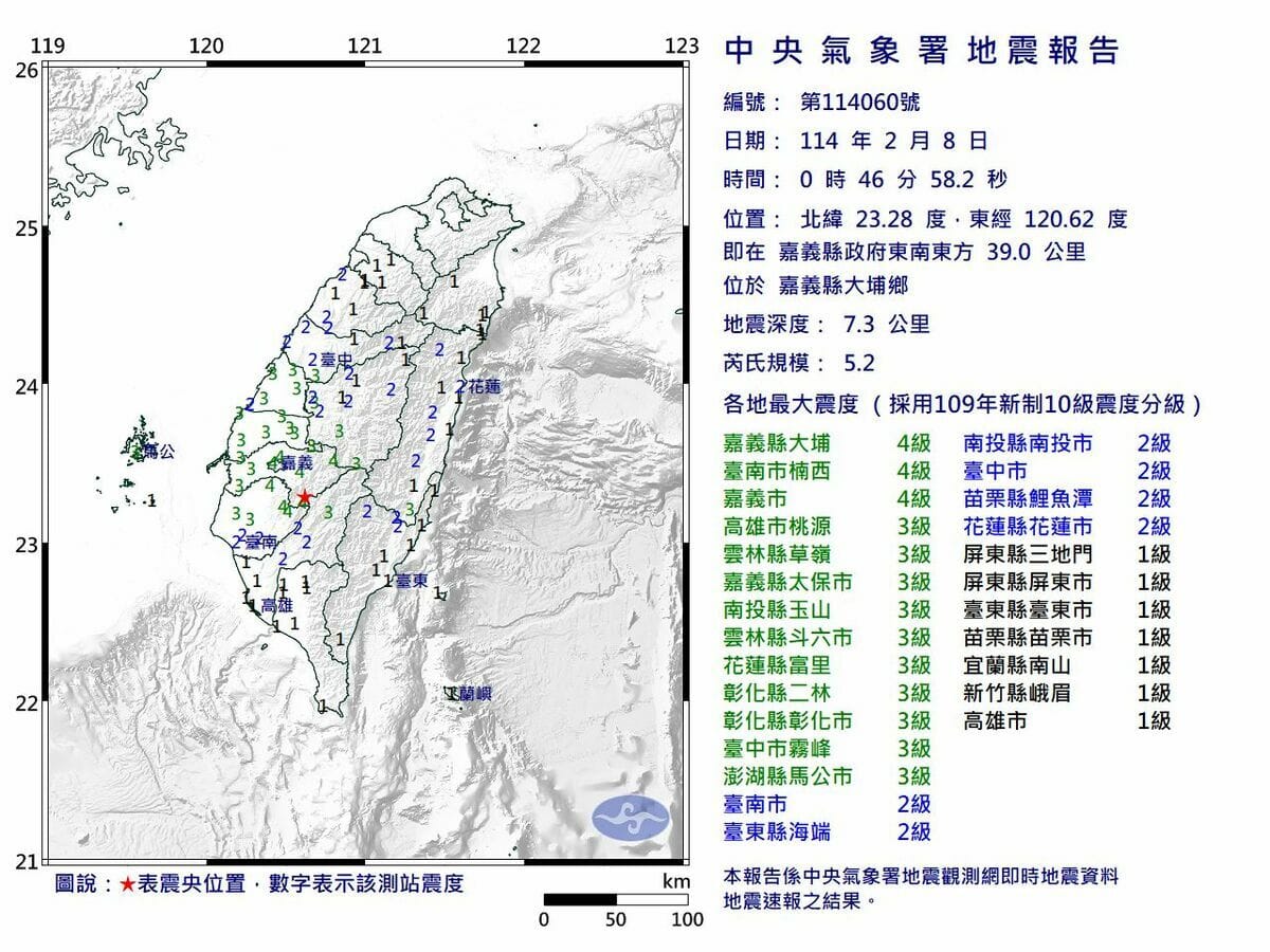 今（8）天凌晨0時46分嘉義縣大埔鄉發生芮氏規模5.2地震。 圖：氣象署提供