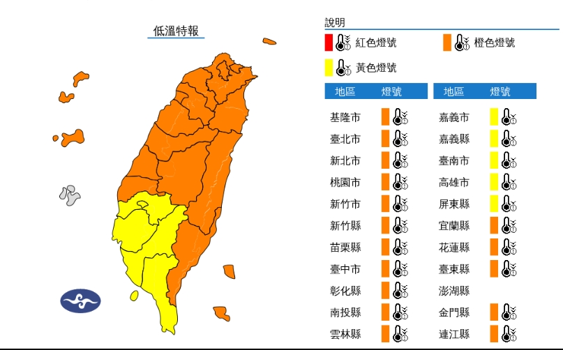 今天清晨全台急凍，中央氣象署針對21縣市發布低溫特報，提醒民眾加強保暖。 圖/中央氣象署