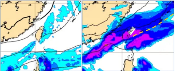 左圖：最新(8日20時)歐洲模式(ECMWF)，今(9)日8時地面氣壓及降水模擬圖顯示，西半部轉晴朗穩定，東半部偶有局部少量降雨的機率。右圖：最新(8日20時)歐洲模式(ECMWF)，週四(13日)8時地面氣壓及降水模擬圖顯示，鋒面挾南方水氣通過，伴隨大範圍明顯降雨。 圖/「洩天機教室」專欄