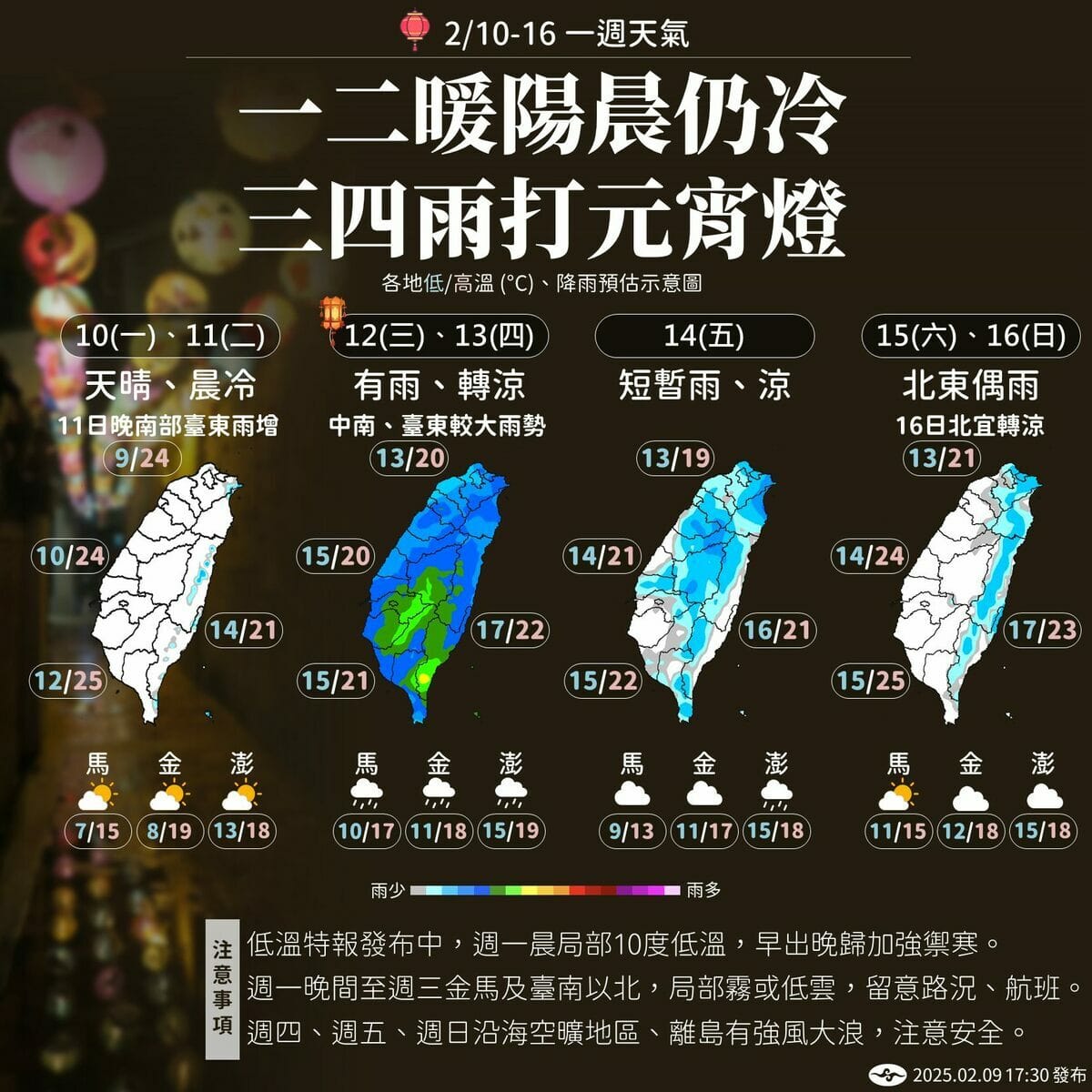 中央氣象署說，下週天氣四階段變化，週一週二，天晴回暖、但清晨寒冷，週三週四，各地有雨，局部較大雨勢，天氣轉涼。 圖：翻攝自中央氣象署臉書