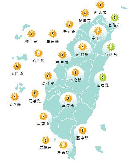 氣象署發布各地紫外線指數預報概況。 圖：氣象署提供