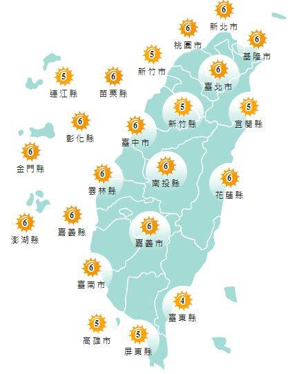氣象署發布各地紫外線指數預報概況。 圖：氣象署提供