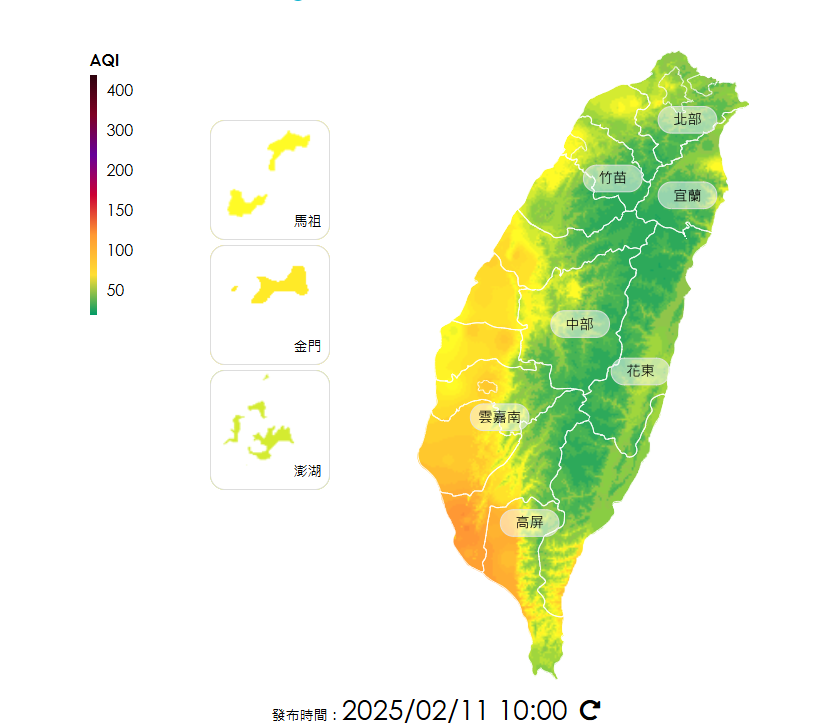 今(11)日環境風場為偏東風，西半部擴散條件差，污染物易累積。  圖：翻攝自環境部空品監測網