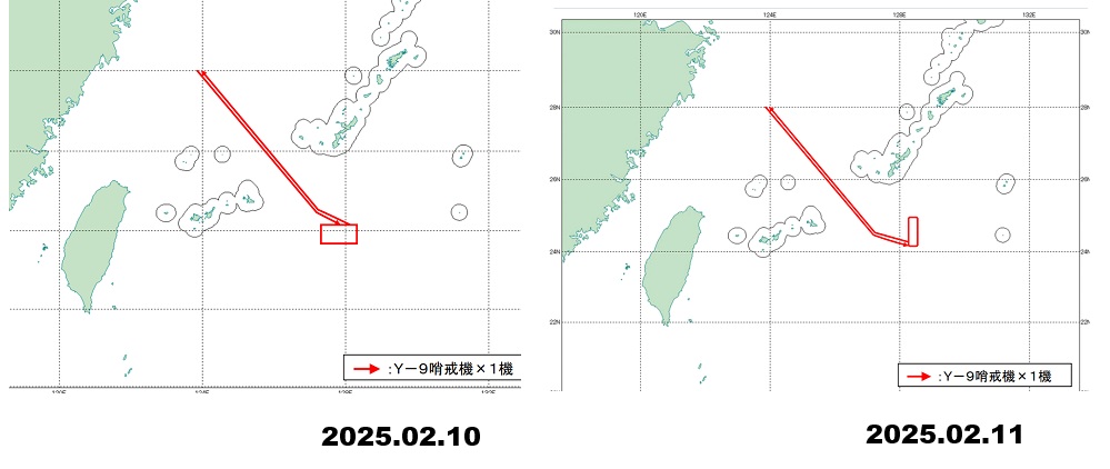 解放軍運-9巡邏機連續2日密集在琉球海溝附近盤旋飛行。 圖：翻攝「X」@jointstaffpa/新頭殼合成