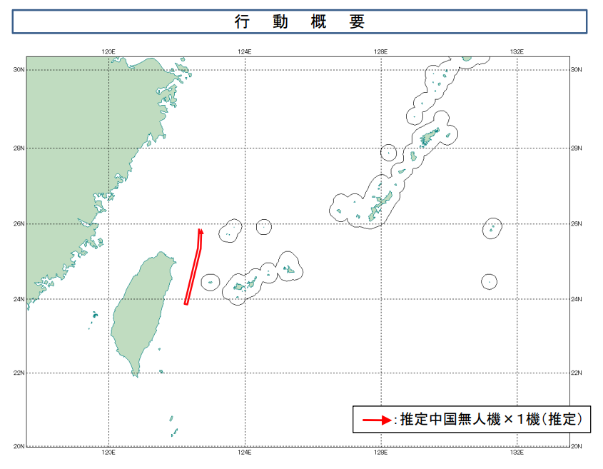 日本防衛省統合幕僚監部監控報告，一架疑似中國無人機經過與那國島和台灣之間海域往返東海與太平洋水域。 圖：翻攝「X」@jointstaffpa