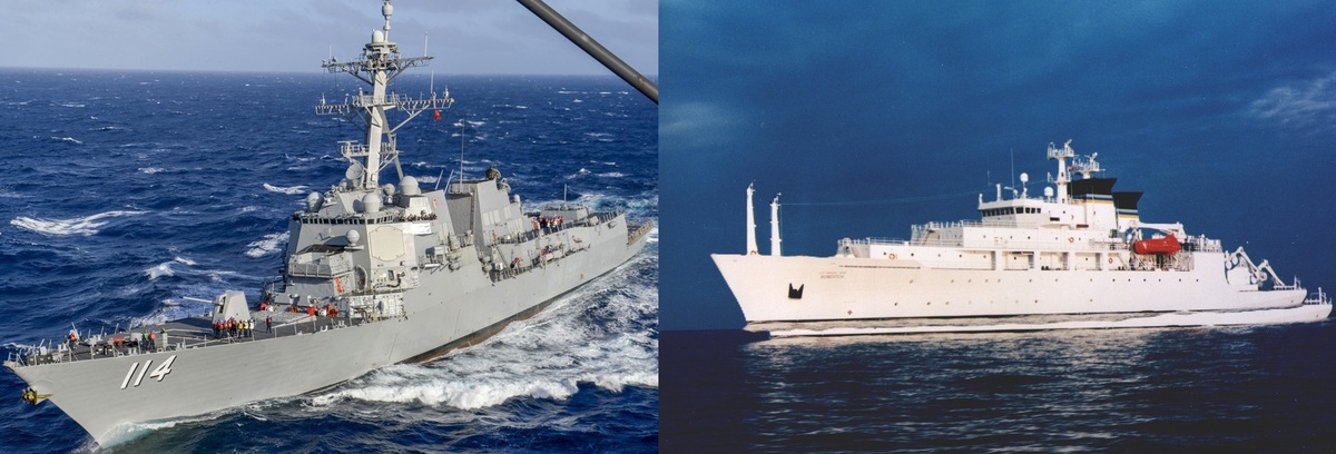 美國海軍勃克級飛彈驅逐艦強生號(DDG-114)(左)和探路者級測量船鮑迪奇號(T-AGS 62)(右)，10日至12日自北向南通過台灣海峽。 圖：翻攝US NAVY