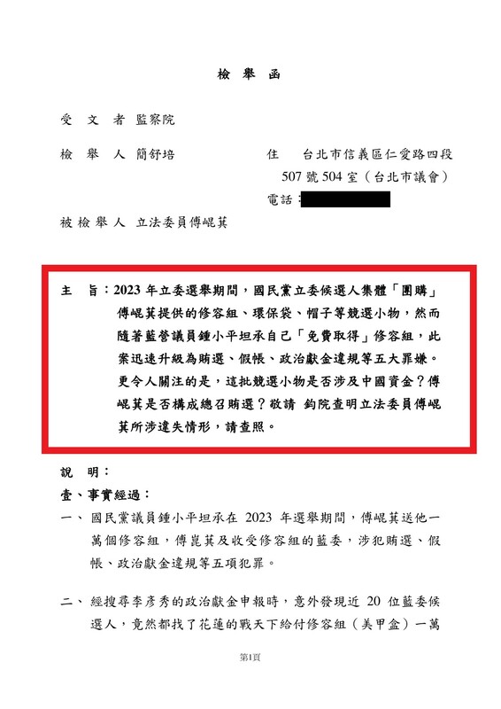 簡舒培今日針對傅崐萁「送」一萬份競選小物修容組一事，向監察院檢舉。  圖：翻攝自簡舒培臉書