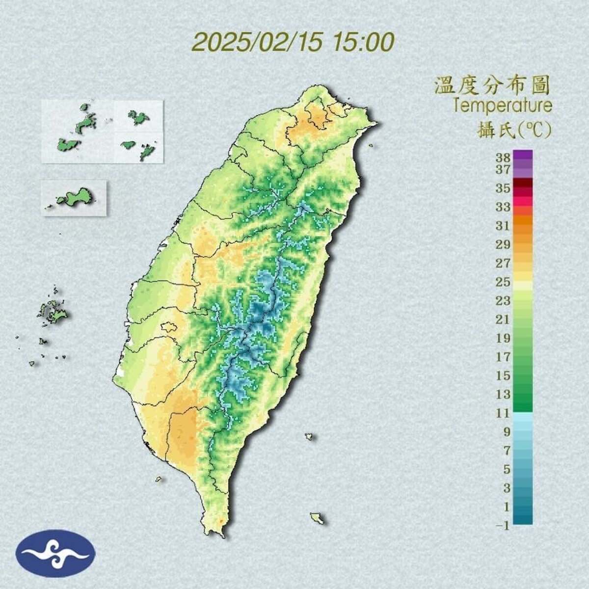 屏東今（15）天高溫更達32度，前中央氣象局長鄭明典貼出溫度分佈圖指出，代表溫暖的黃色系出現，「春季的冷、暖交替，天氣變化快」。 圖：翻攝自中央氣象署官網