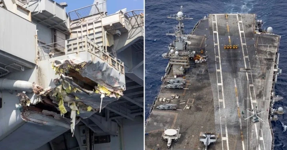 「杜魯門」號飛機升降機一側被撞破損，可能影響艦載機進出機庫。 圖：翻攝自美國海軍