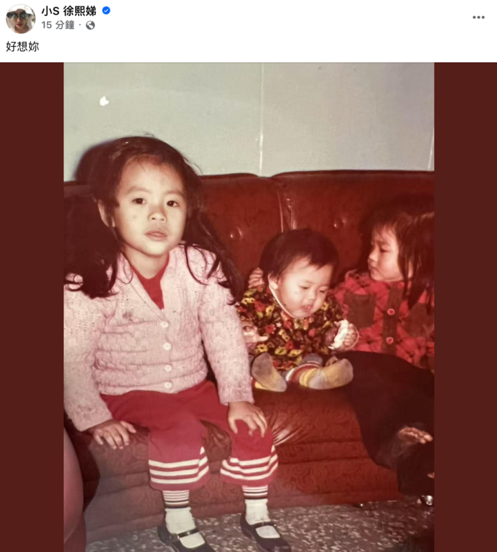 小S今(17)日二度在社群平台發文「好想妳」，表達對姊姊的不捨。 圖：翻攝自小S FB