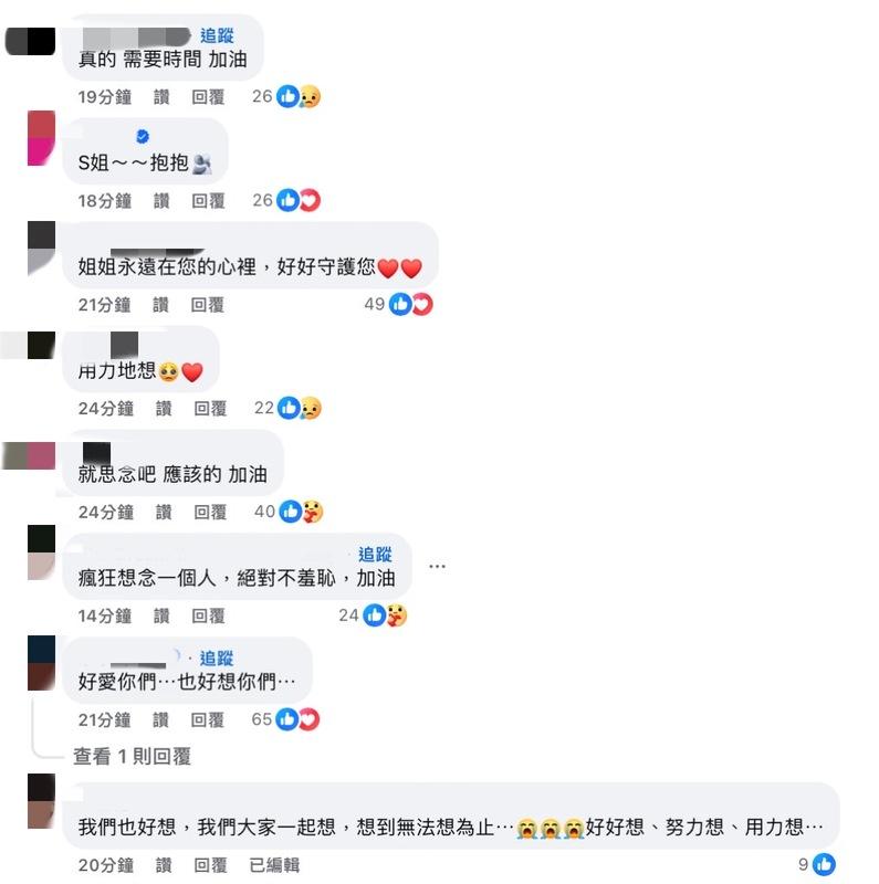 網友見狀紛紛嘆道「真的需要時間，加油」。 圖：翻攝自小S FB