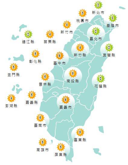 氣象署發布各地紫外線指數預報概況。  圖：氣象署提供